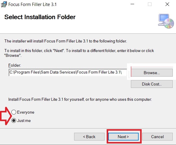 select installation folder of focus form filler 3.0